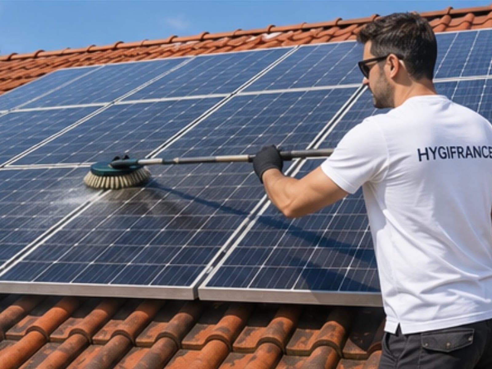 Nettoyage de panneaux solaires sur une toiture