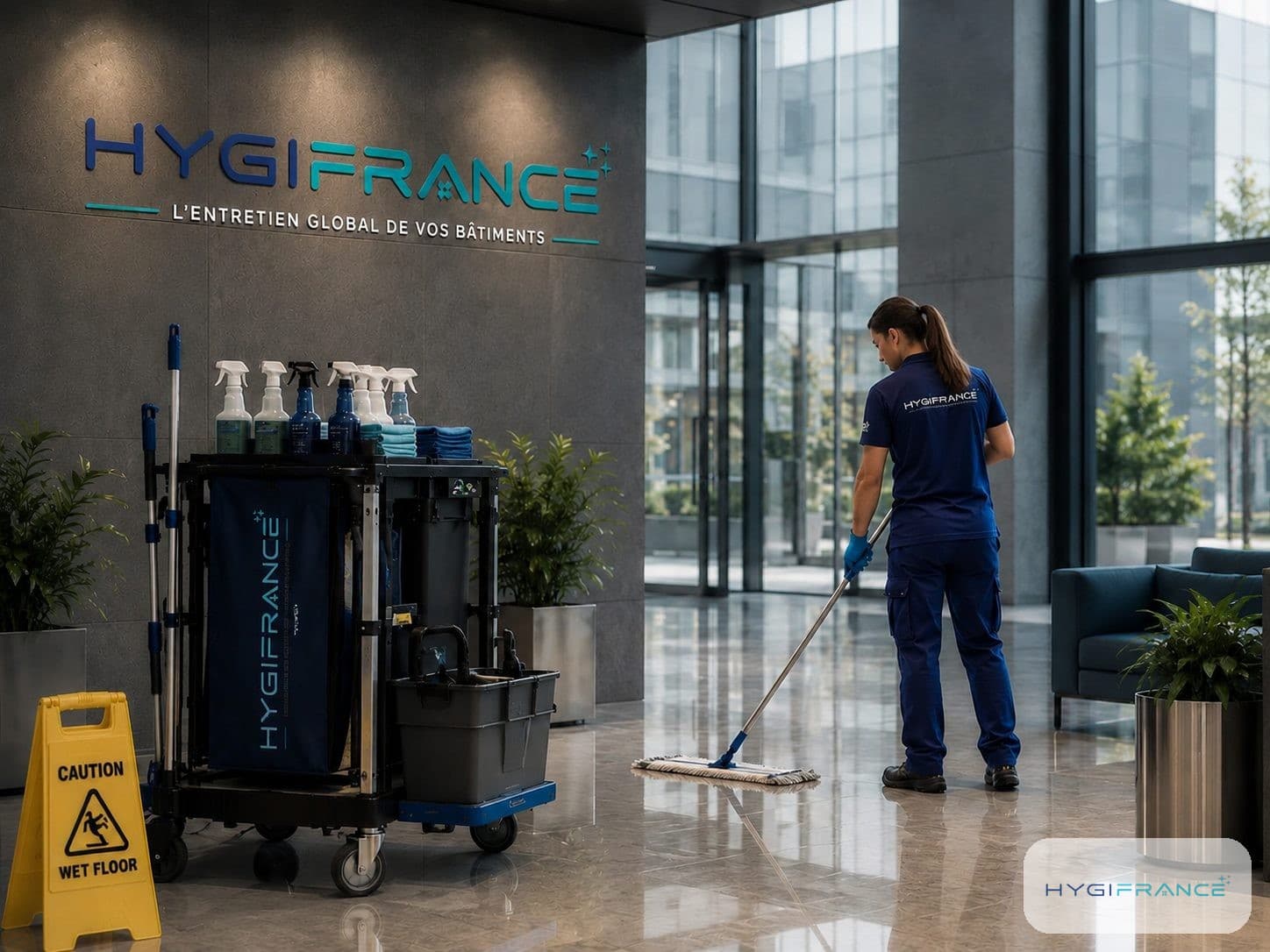 Agent HYGIFRANCE entretenant le hall d'un bâtiment