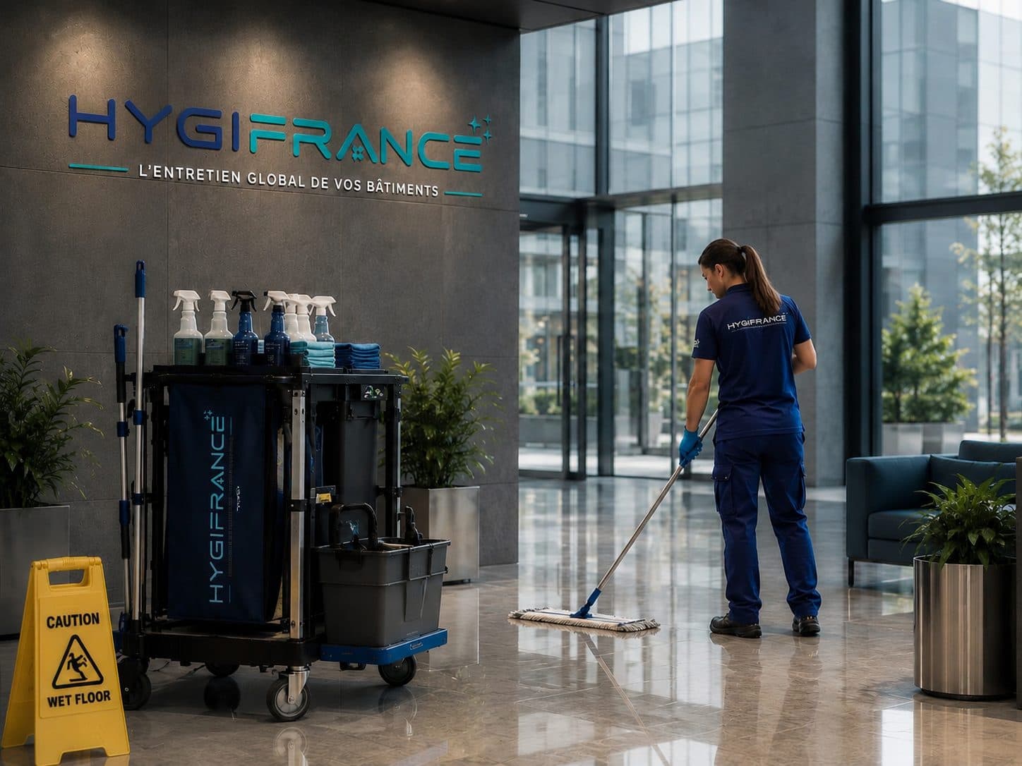 Agent HYGIFRANCE entretenant le hall d'un bâtiment