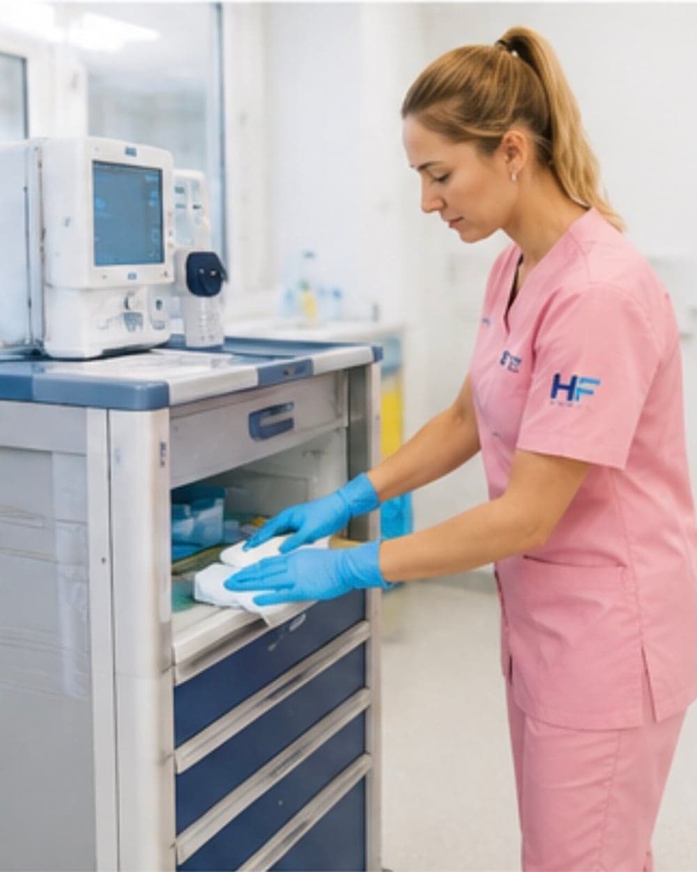 HYGIFRANCE disinfecting a medical trolley