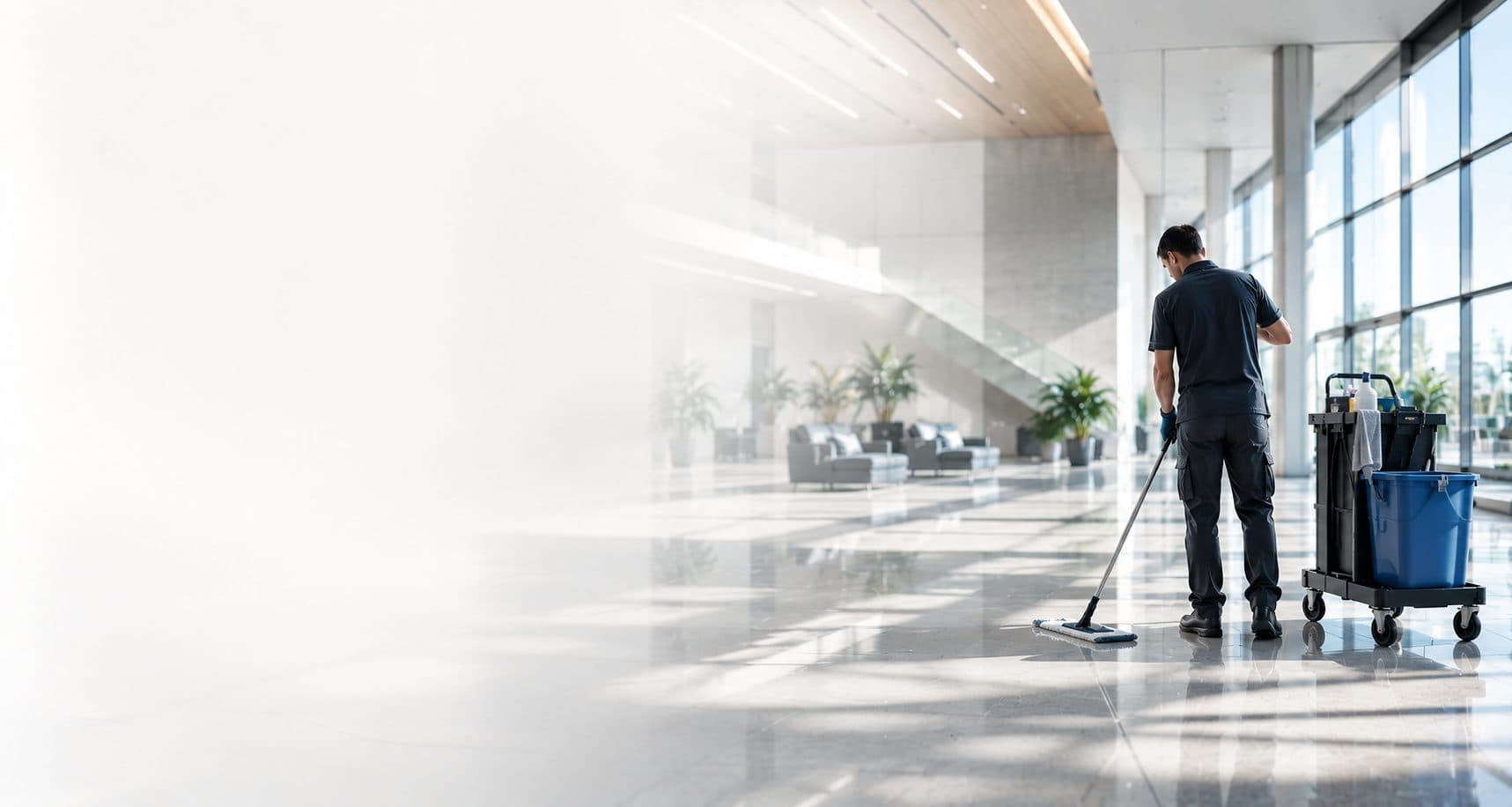 HYGIFRANCE agent cleaning the bright lobby of a building