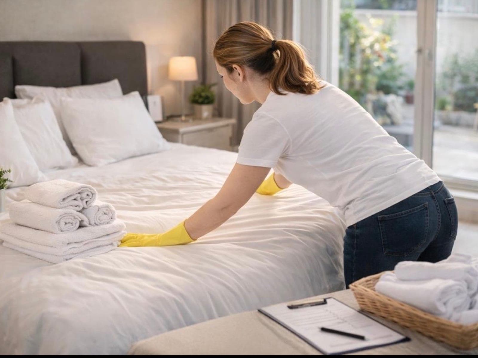 Preparing an Airbnb rental: bed made and fresh linen