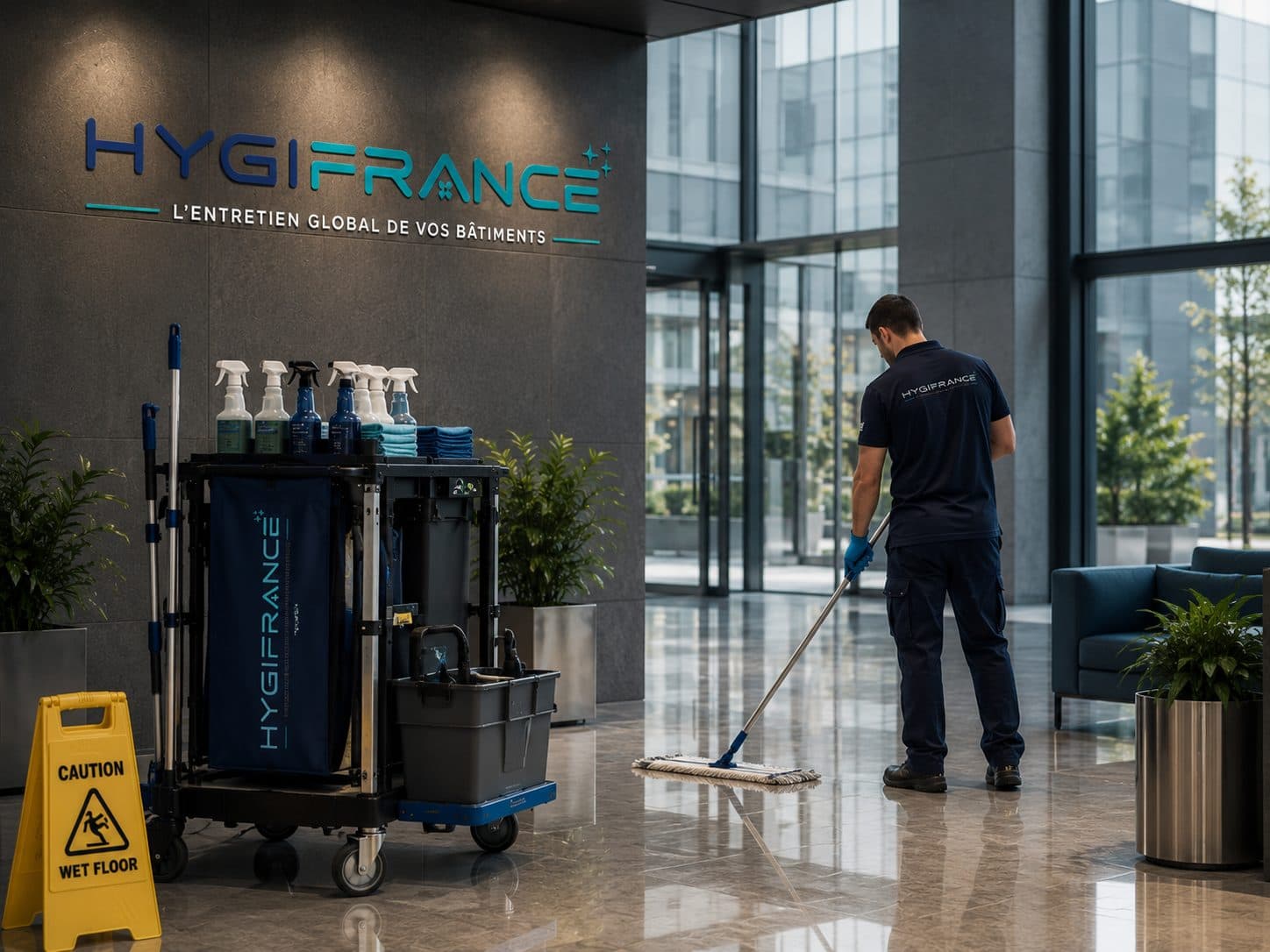 HYGIFRANCE-medewerker die de hal van een gebouw onderhoudt
