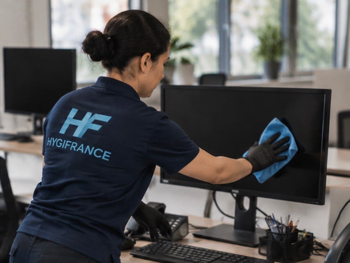 Nettoyage d'un poste de travail dans des bureaux par HYGIFRANCE